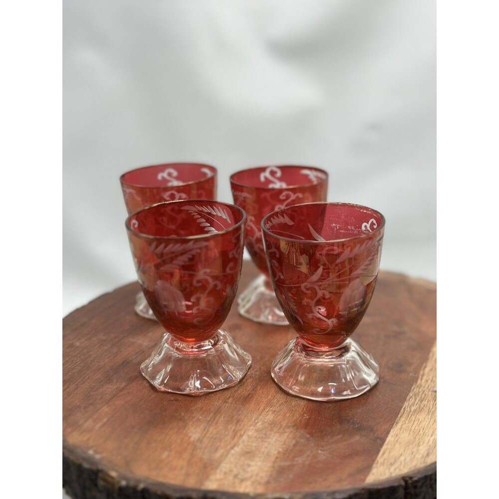 Bohemia Czech Cordials Red Cut to Clear Star Glass Holiday Celebrate Set Of 4